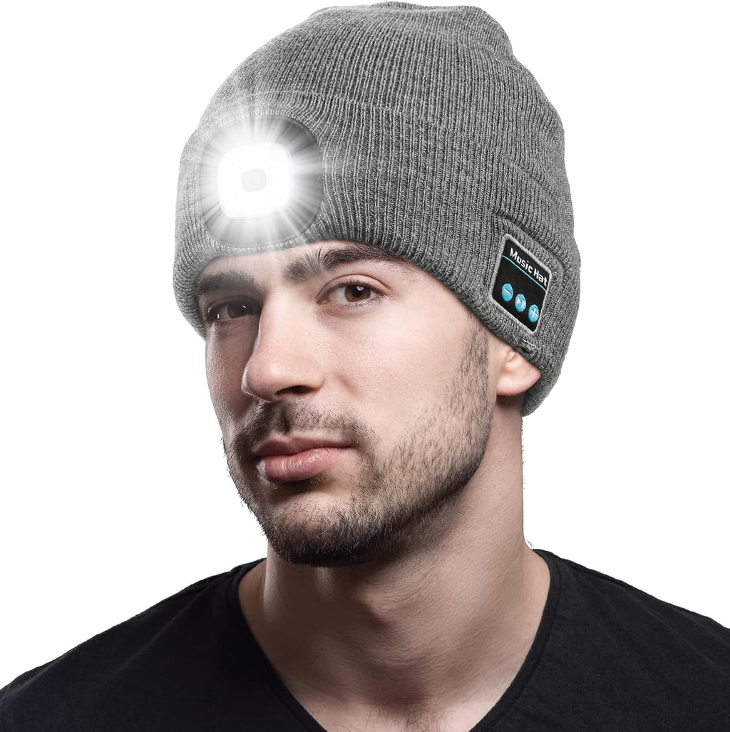 Unisex Gadgets Gifts for Men Women Teens, Bluetooth Beanie Hat with Light, USB Rechargeable Wireless Headphones Stocking Stuffers for Camping, Jogging, Hiking (Grey)