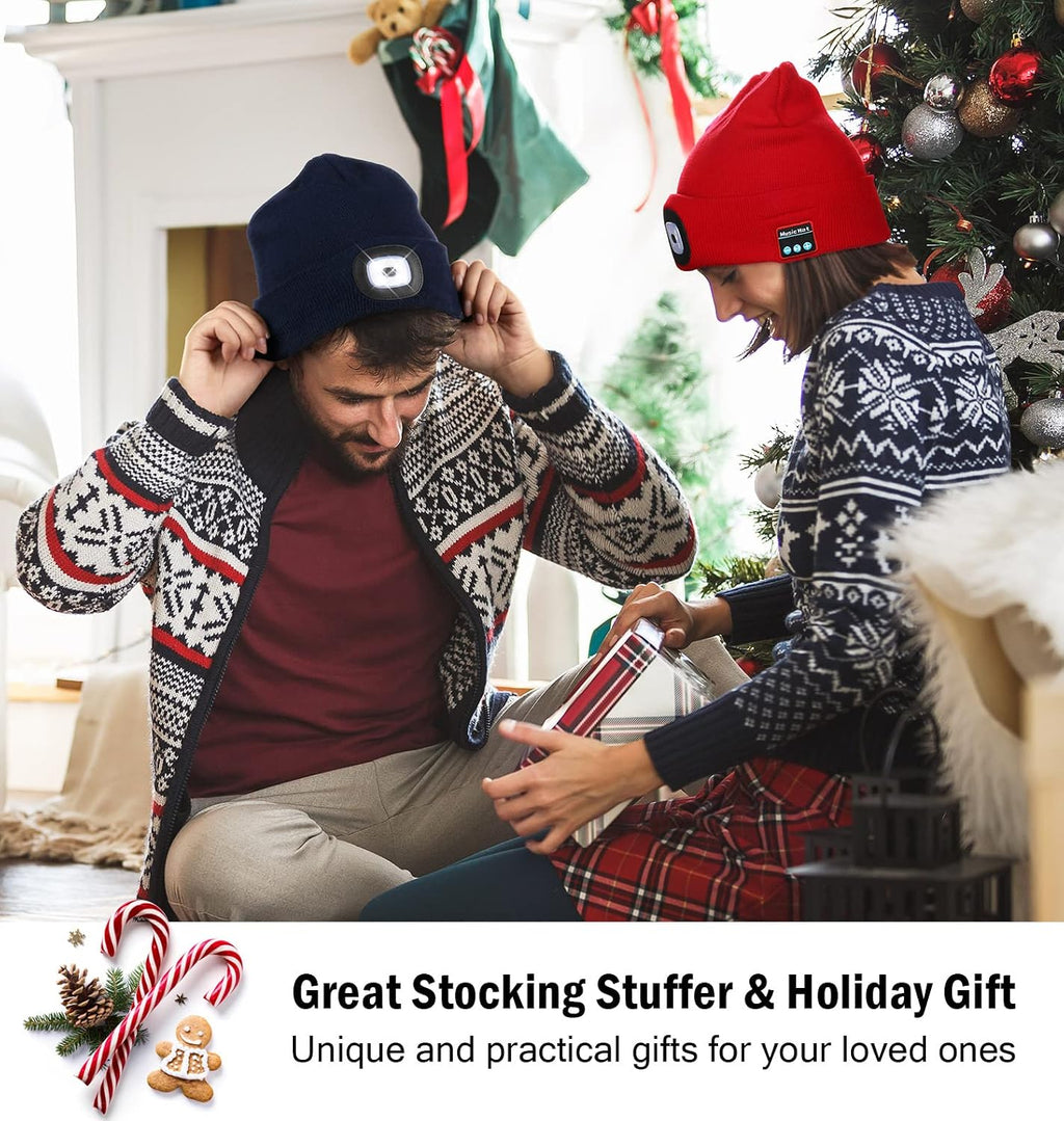 Unisex Gadgets Gifts for Men Women Teens, Bluetooth Beanie Hat with Light, USB Rechargeable Wireless Headphones Stocking Stuffers for Camping, Jogging, Hiking (Grey)