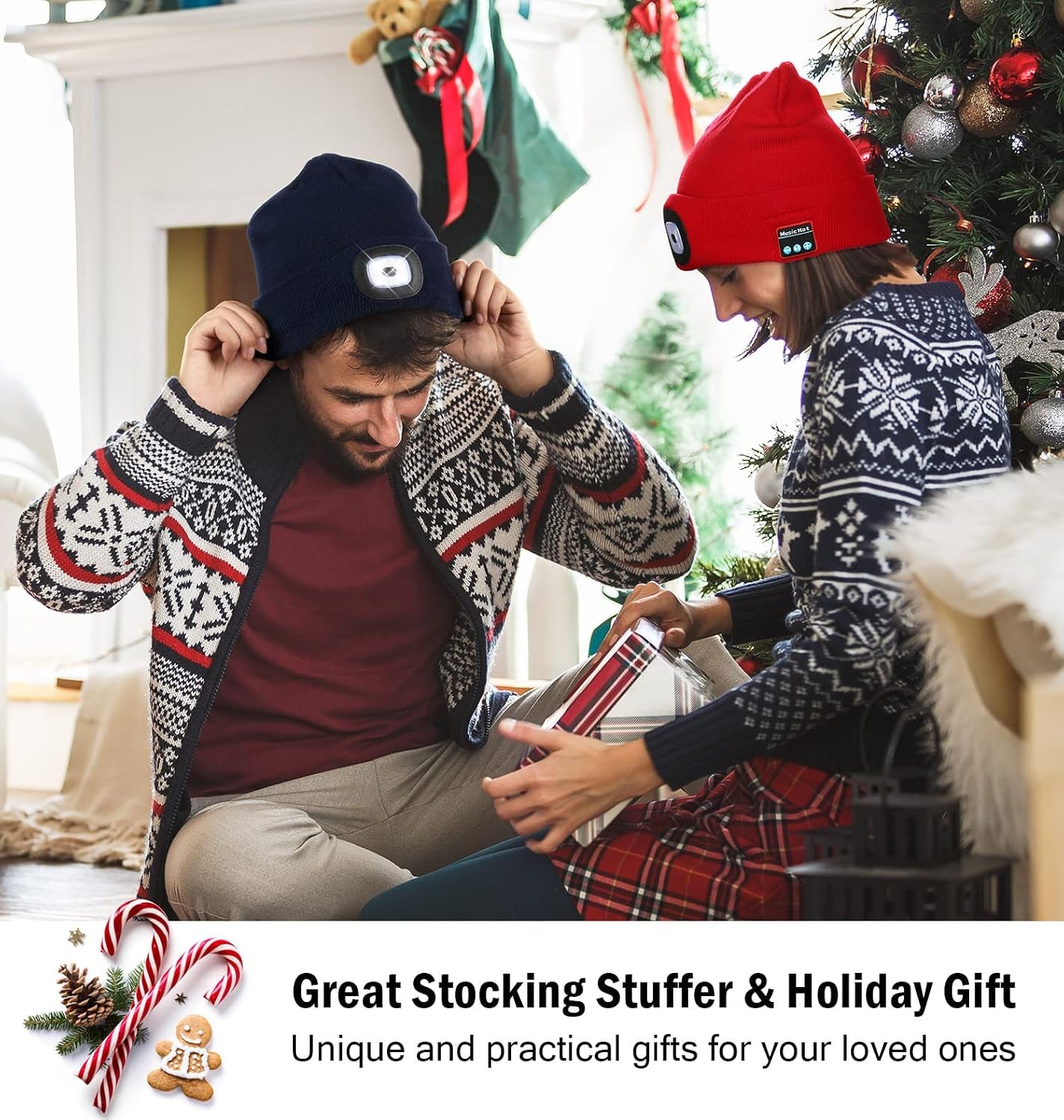Unisex Gadgets Gifts for Men Women Teens, Bluetooth Beanie Hat with Light, USB Rechargeable Wireless Headphones Stocking Stuffers for Camping, Jogging, Hiking (Grey)