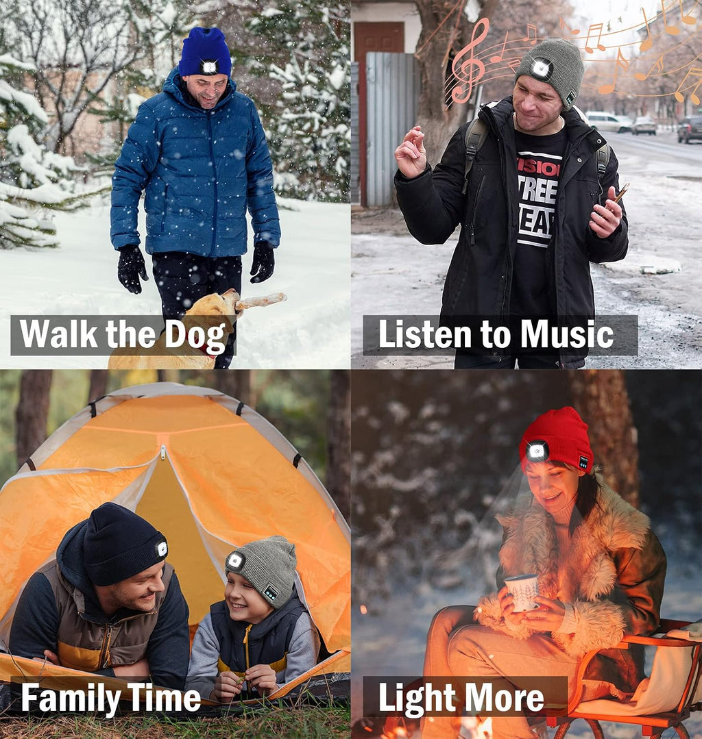 Unisex Gadgets Gifts for Men Women Teens, Bluetooth Beanie Hat with Light, USB Rechargeable Wireless Headphones Stocking Stuffers for Camping, Jogging, Hiking (Grey)
