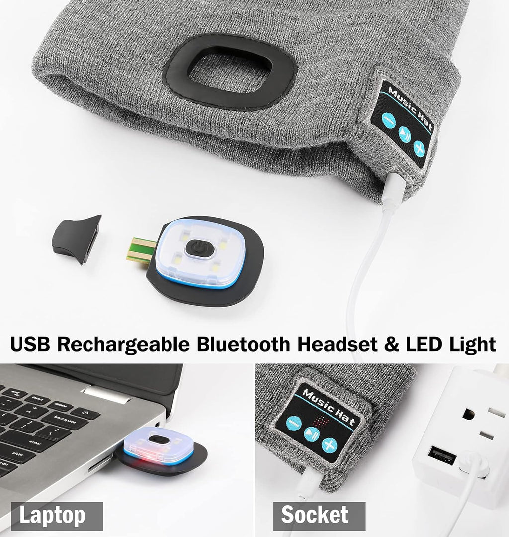 Unisex Gadgets Gifts for Men Women Teens, Bluetooth Beanie Hat with Light, USB Rechargeable Wireless Headphones Stocking Stuffers for Camping, Jogging, Hiking (Grey)