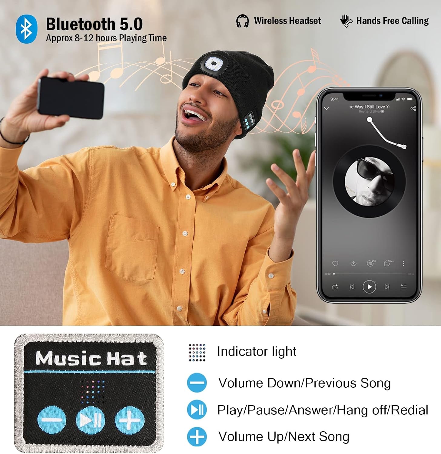 Unisex Gadgets Gifts for Men Women Teens, Bluetooth Beanie Hat with Light, USB Rechargeable Wireless Headphones Stocking Stuffers for Camping, Jogging, Hiking (Grey)