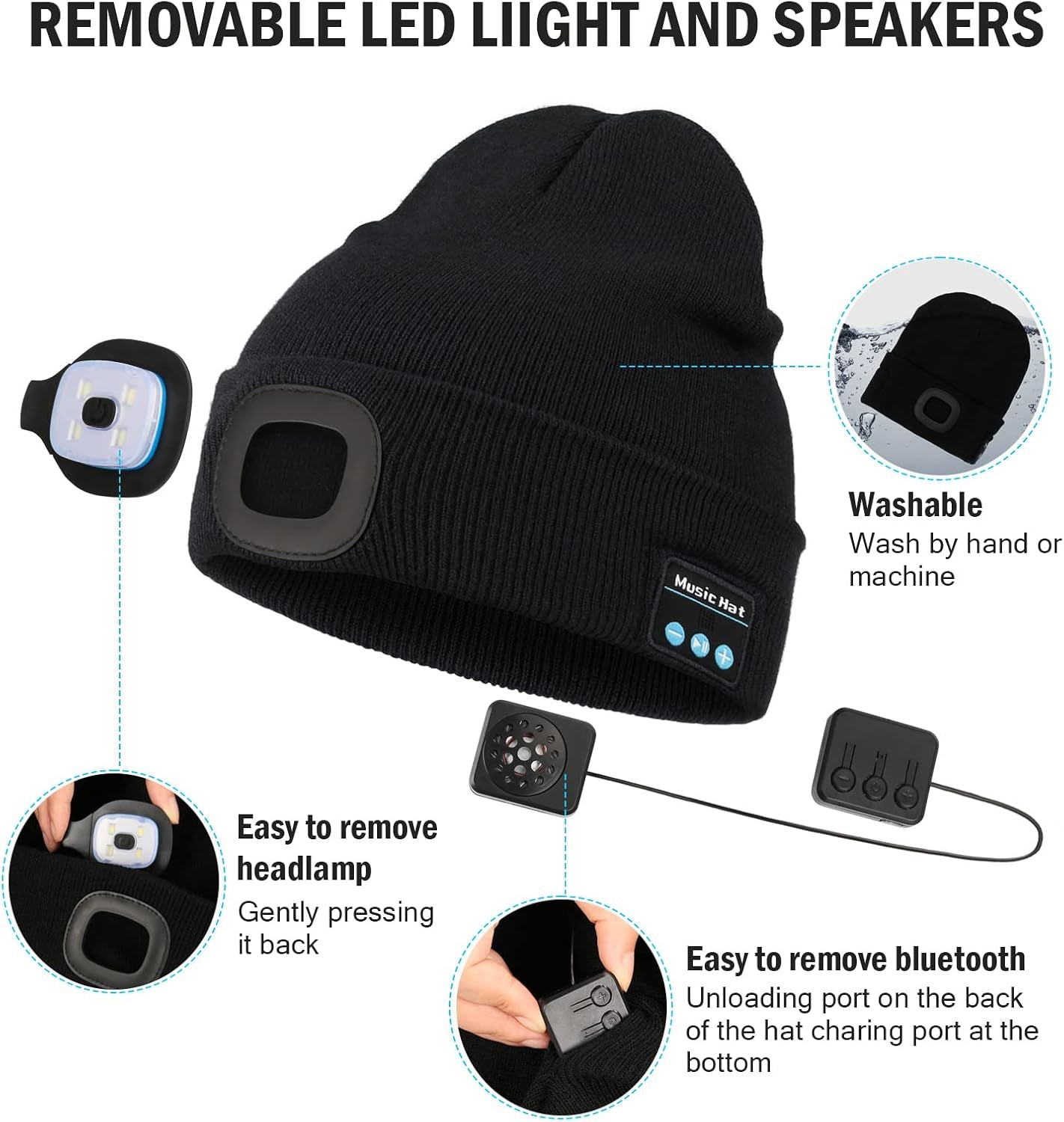 Unisex Gadgets Gifts for Men Women Teens, Bluetooth Beanie Hat with Light, USB Rechargeable Wireless Headphones Stocking Stuffers for Camping, Jogging, Hiking (Grey)